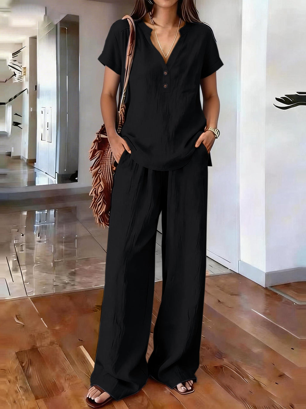 Women’s Casual Solid Color Two Piece Set Relaxed Matching Outfit - Image 2