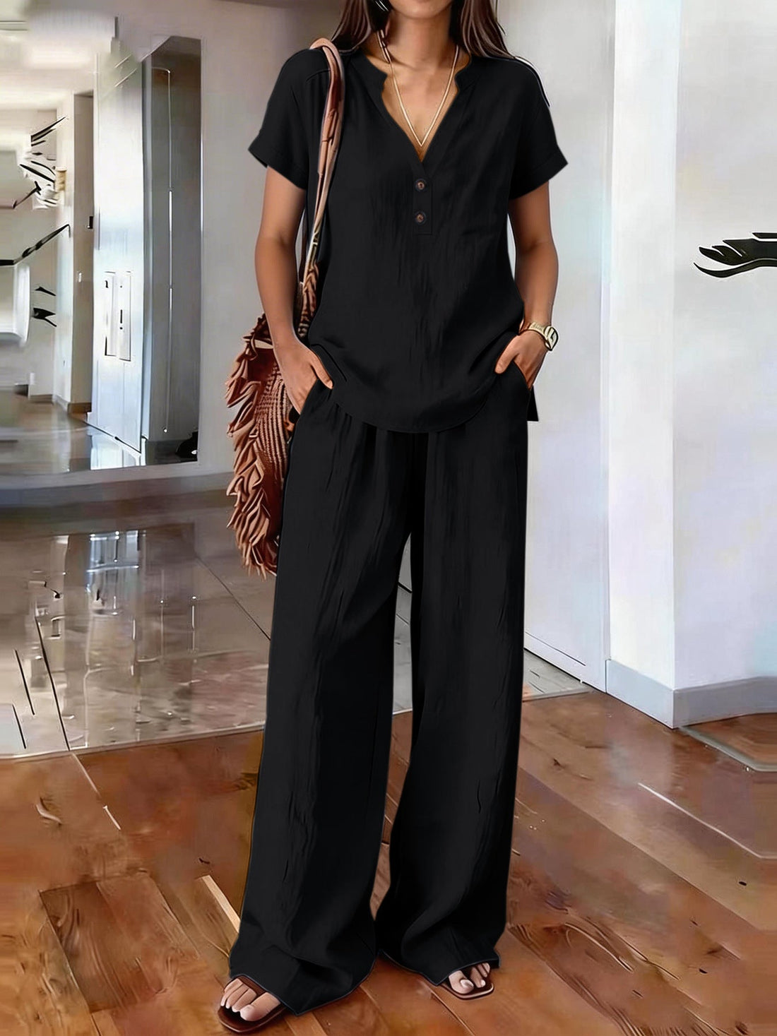Women’s Casual Solid Color Two Piece Set Relaxed Matching Outfit - Image 2