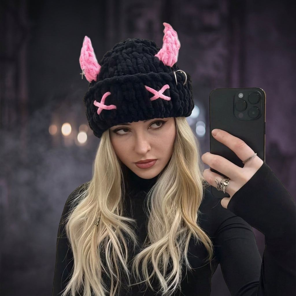 Cute Devil Horn Hood Knit Hat with Mask – Thickened Warm Acrylic Beanie | Sweet Cool INS Style | 4 Colors: Pink, Rose Red, Blue & Red