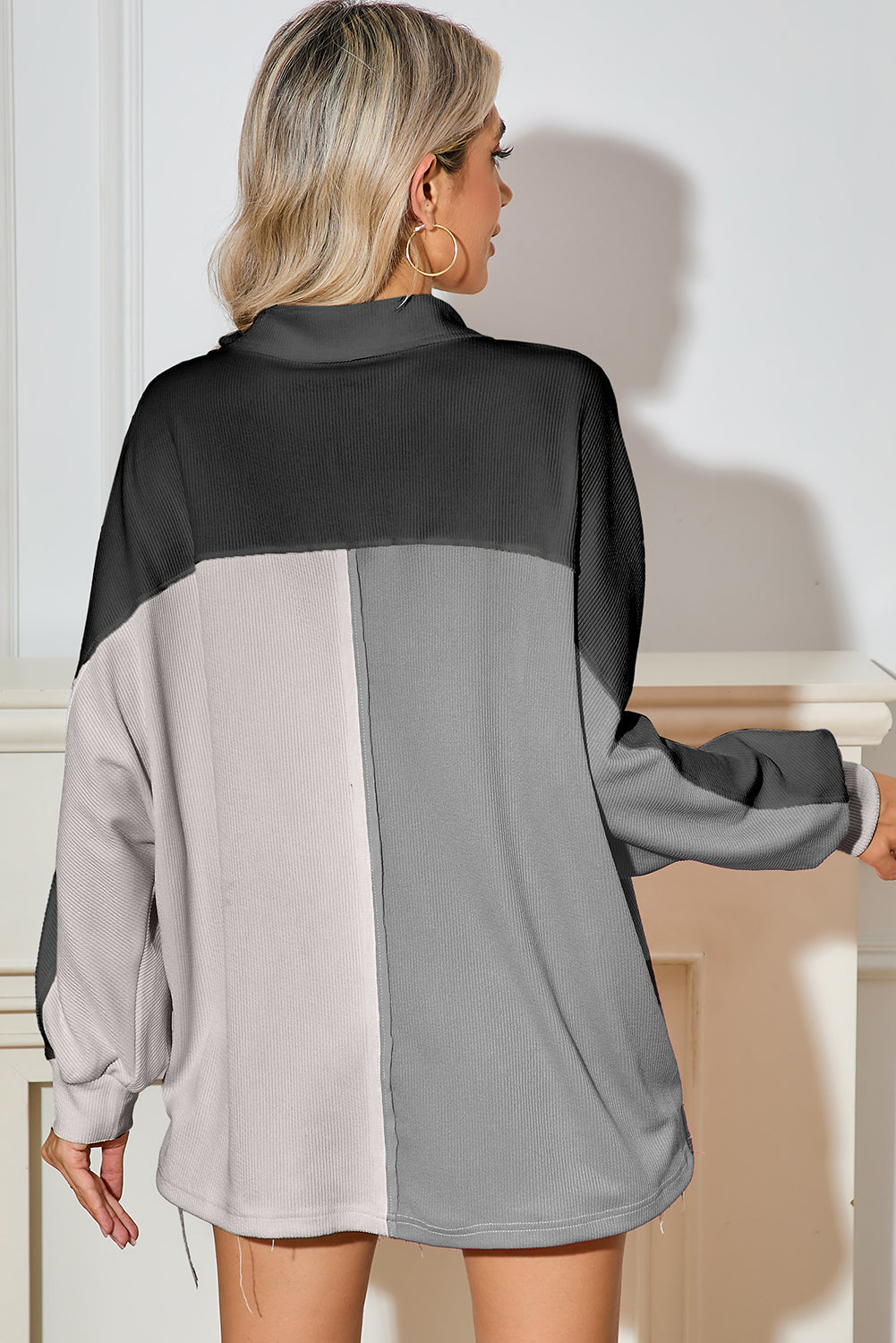 Gray Colorblock Ribbed Oversized Henley Sweatshirt