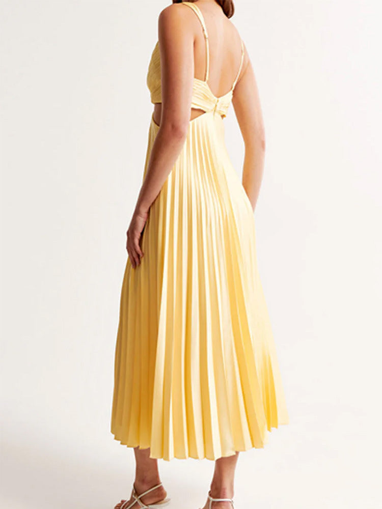 Women's V-Neck Backless Pleated Suspender Dress - Hollow Waist