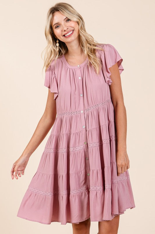 Lace Detail Ruffled Button Down Tiered Maxi Dress