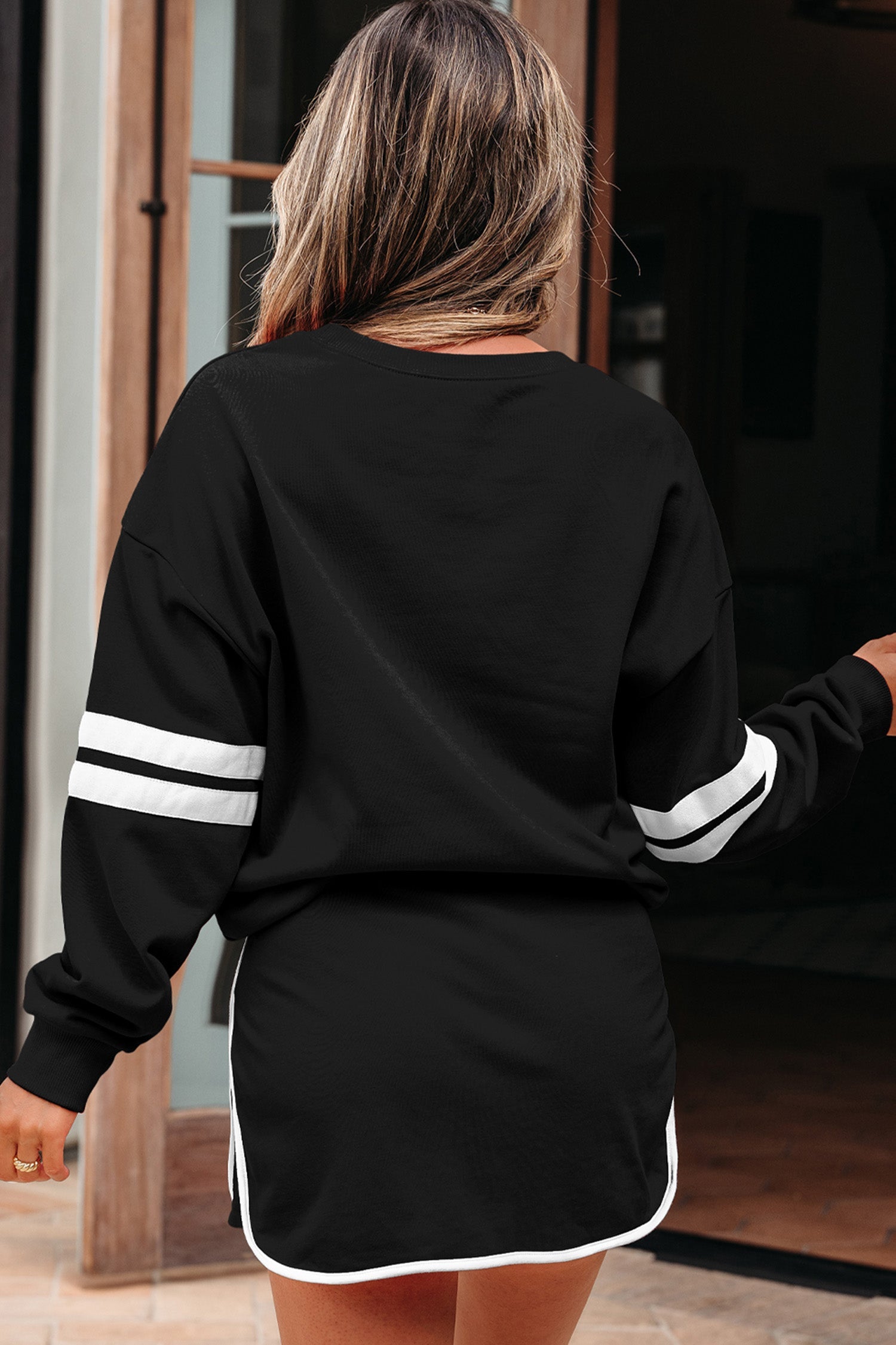 Black Rhinestone Pumpkin Graphic Varsity Striped Long Sleeve Top Drawstring Mini Skort 2pcs Set