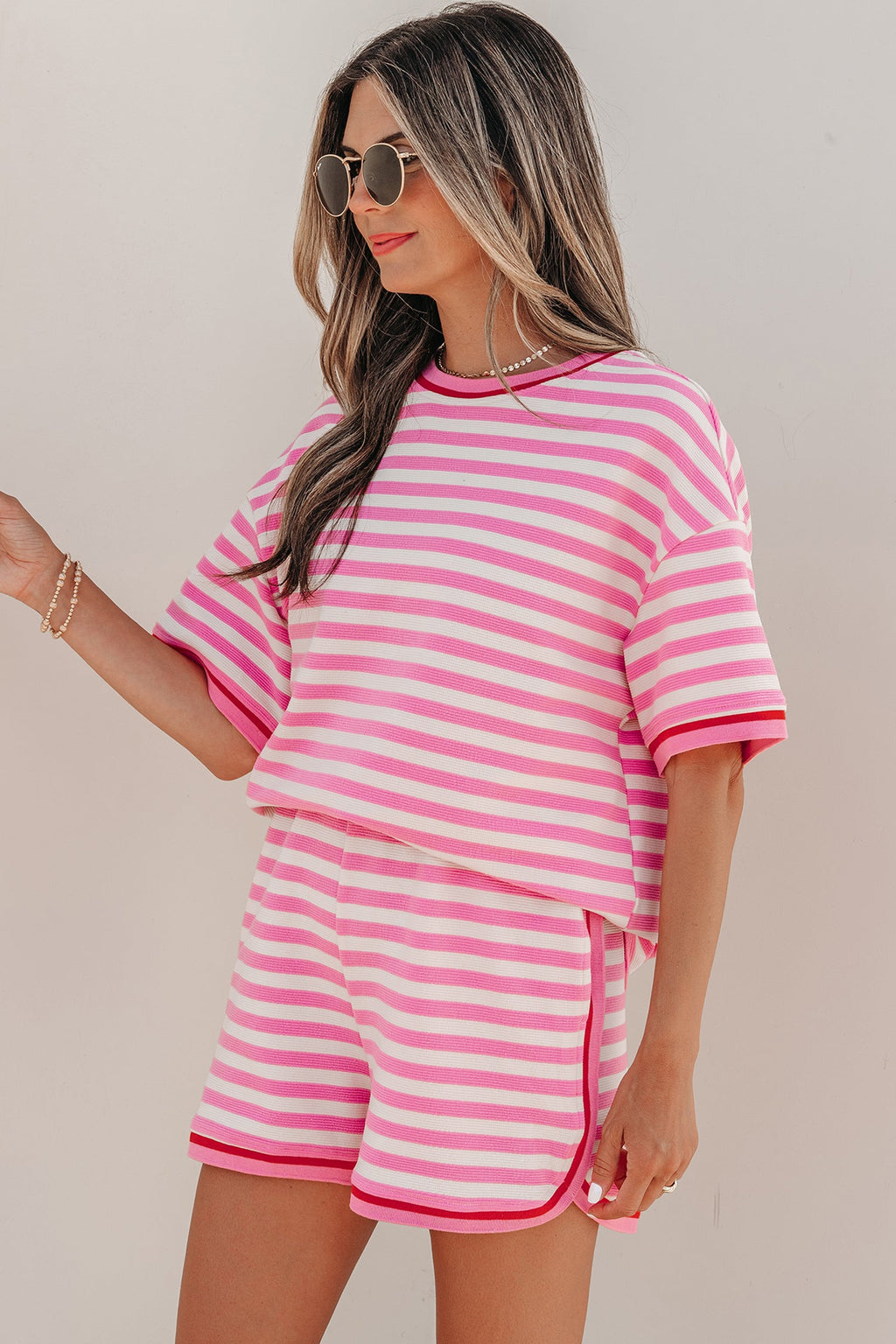 Matilda Trim Short Sleeve Set - Striped Knit Loungewear in Pink