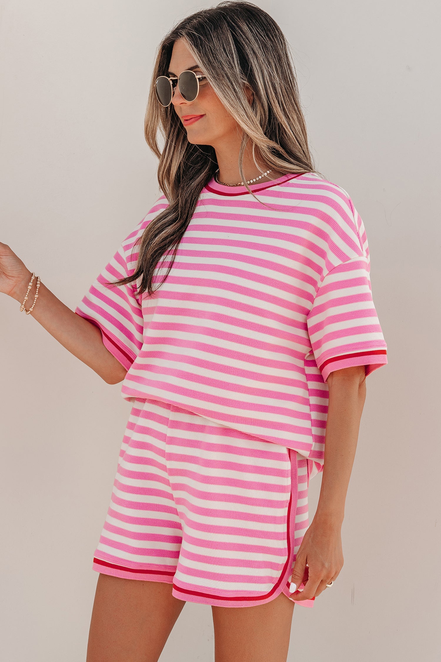 Matilda Trim Short Sleeve Set - Striped Knit Loungewear in Pink