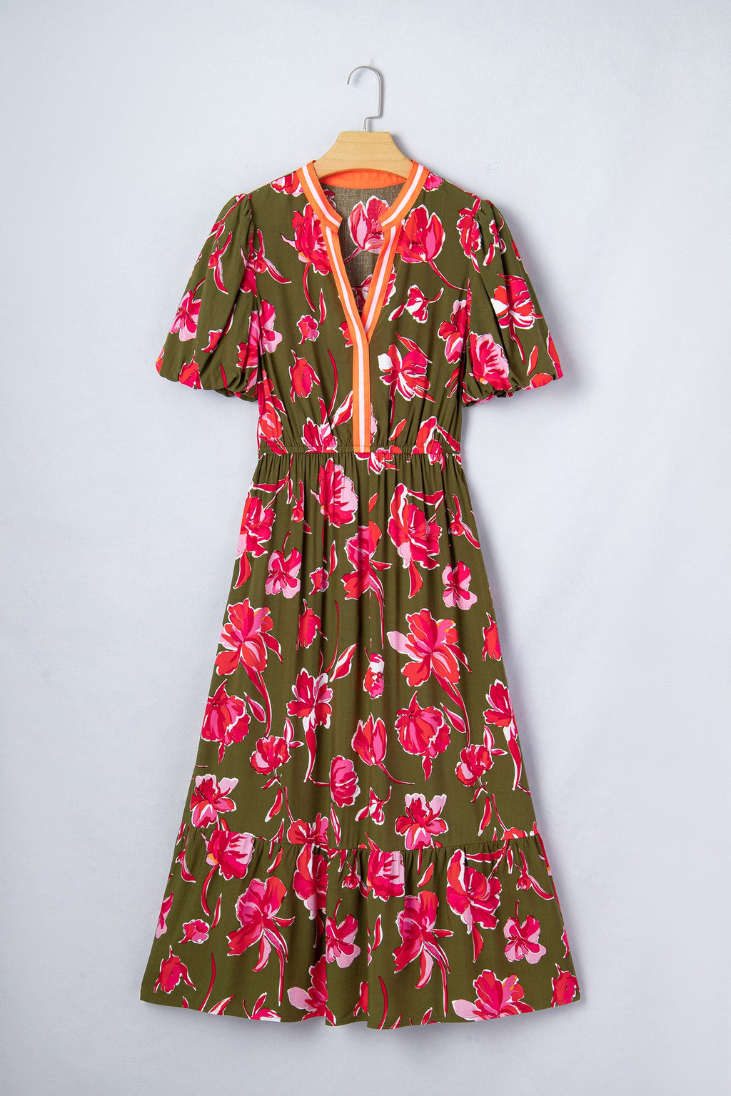 Women's Floral Maxi Dress with Striped Trim & Puff Sleeves
