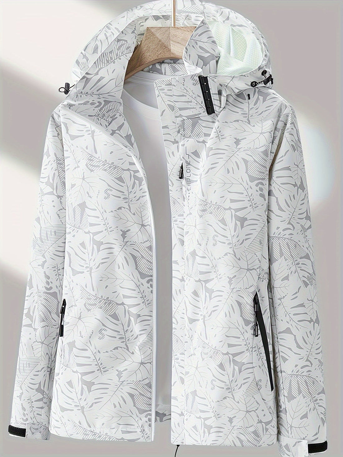 Women's Tropical Leaf Print Lightweight Windproof Hooded Jacket - Image 3