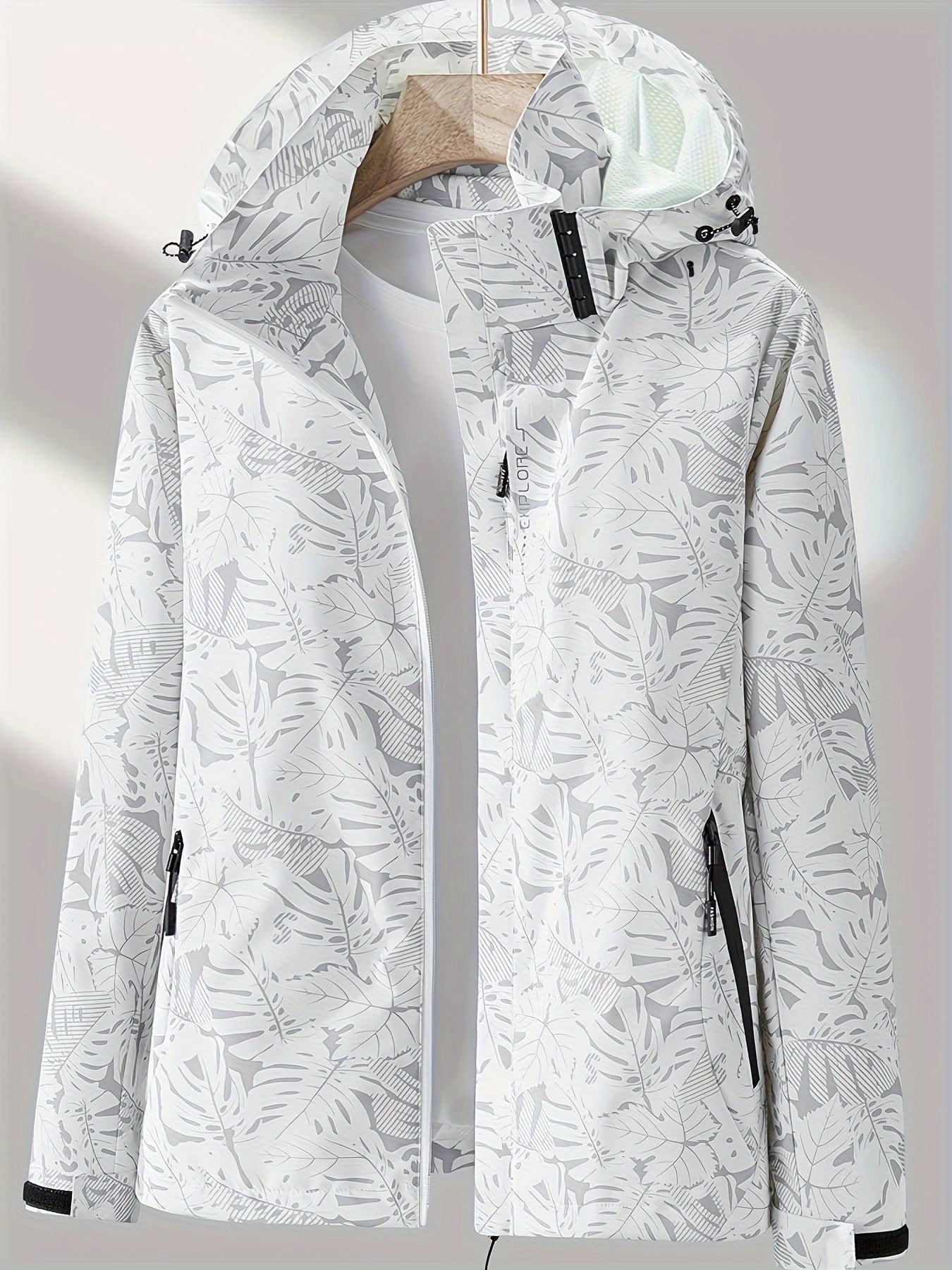 Women's Tropical Leaf Print Lightweight Windproof Hooded Jacket - Image 3