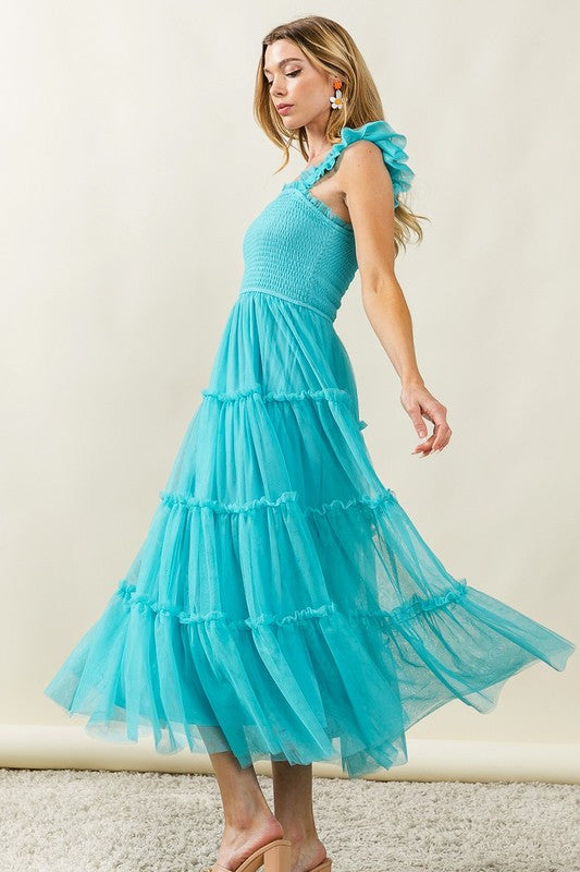 Romantic Frill Mesh Tiered Midi Dress - Feminine Silhouette