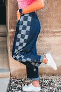 Sail Blue Checkered Patchwork Drawstring Loose Denim Pants