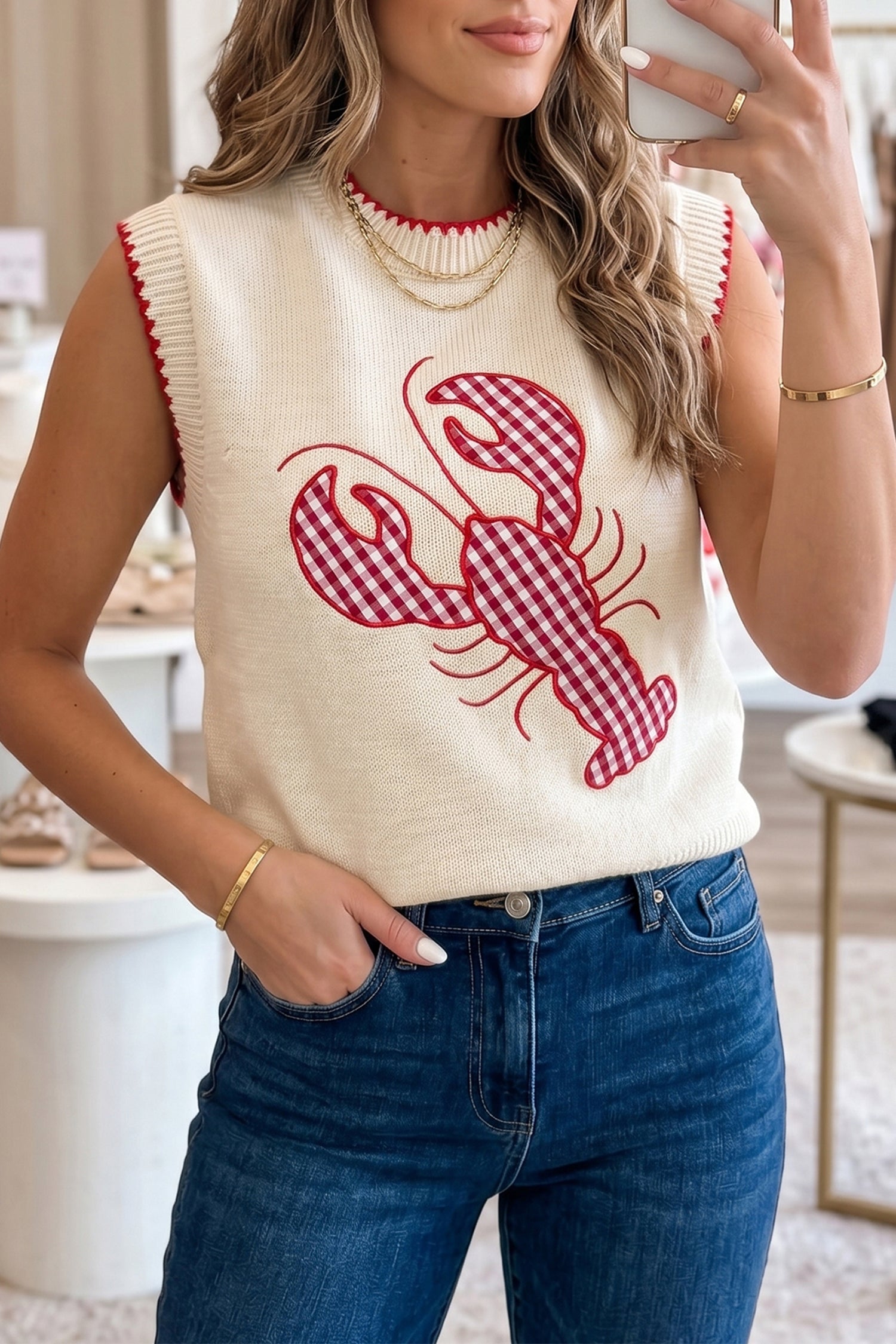 Emmeline Plaid Crawfish Knit Sweater Tank in cream and red, featuring a gingham crawfish graphic.