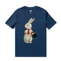 Navy blue crew neck t-shirt featuring a vintage postcard rabbit graphic in a top hat.