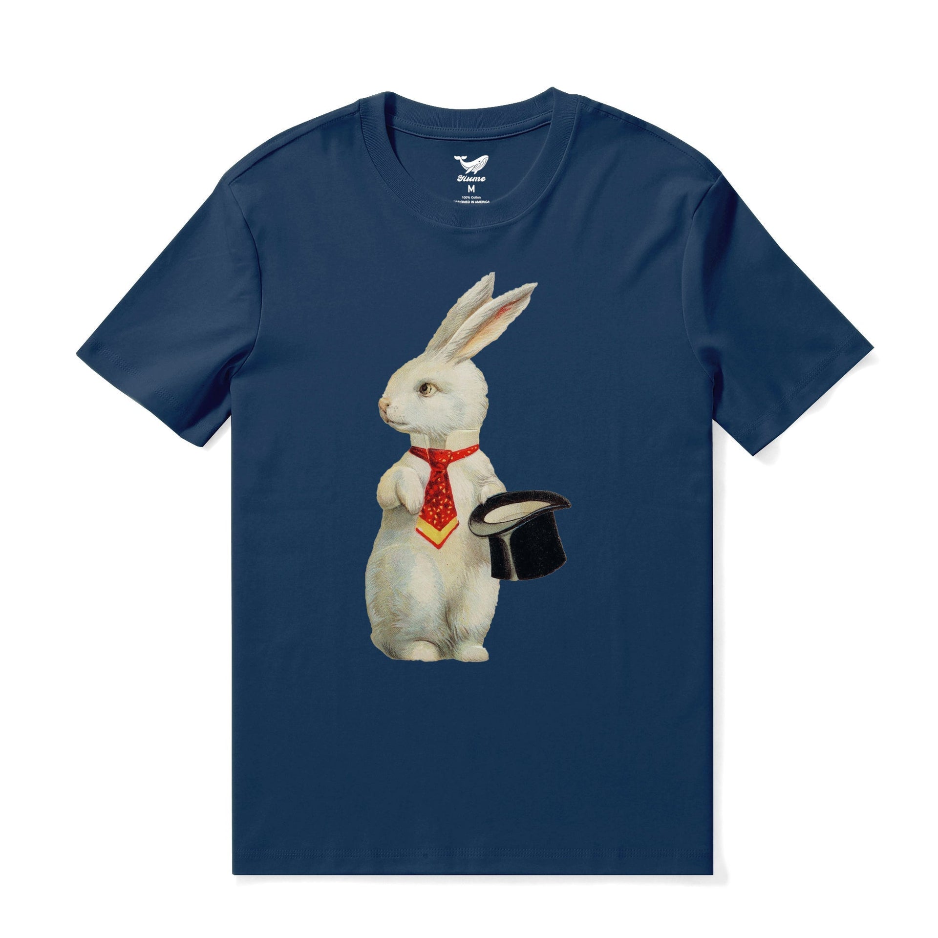 Navy blue crew neck t-shirt featuring a vintage postcard rabbit graphic in a top hat.