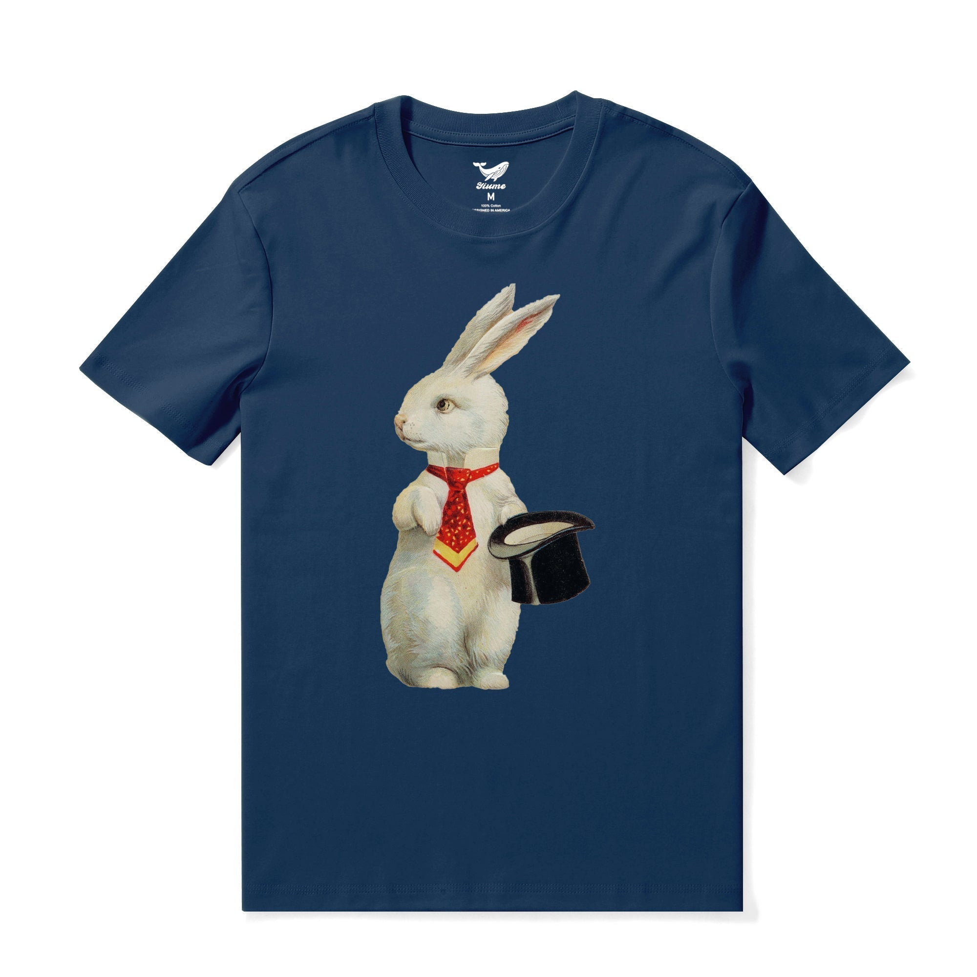 Navy blue crew neck t-shirt featuring a vintage postcard rabbit graphic in a top hat.