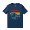 Men's navy blue 100% cotton crew neck t-shirt with retro cat and stripe illustration.