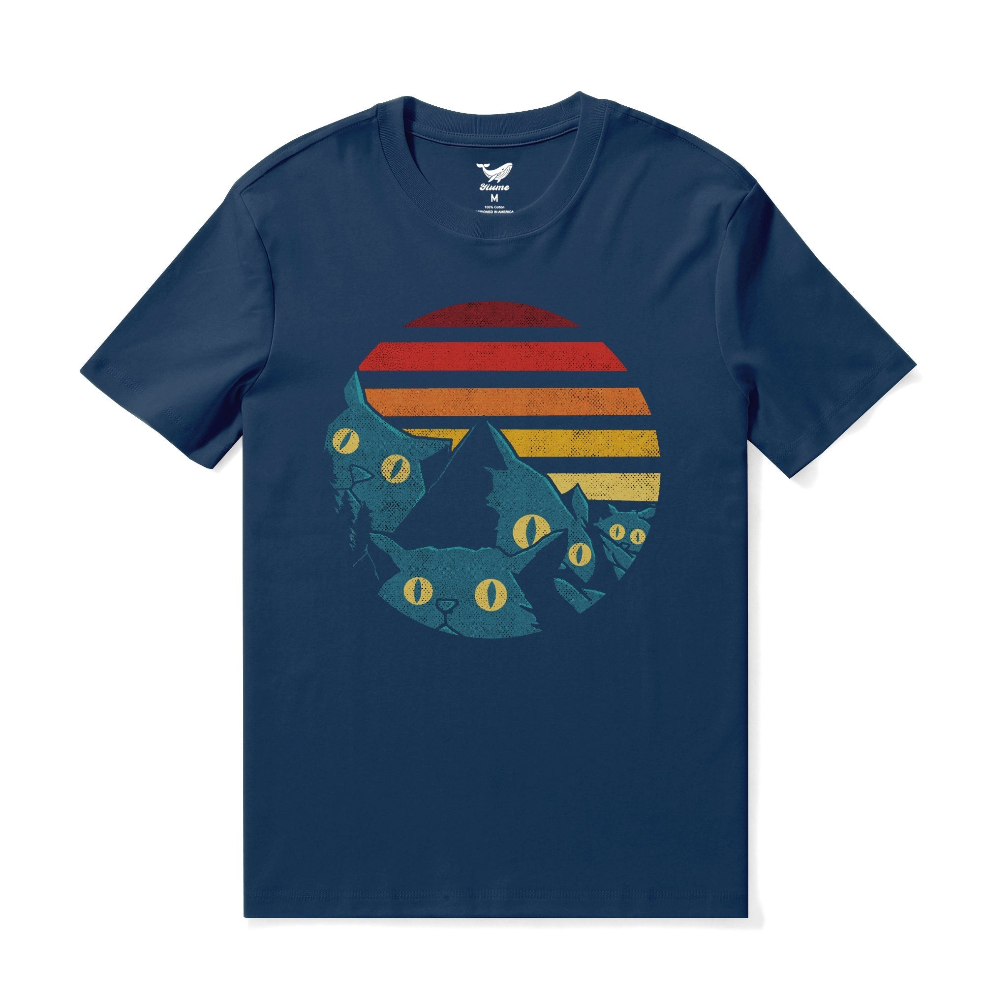 Men's navy blue 100% cotton crew neck t-shirt with retro cat and stripe illustration.