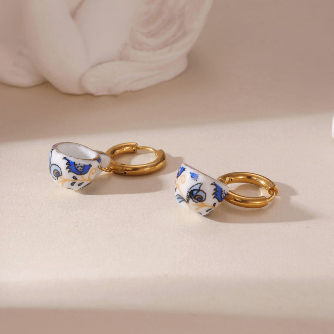 Blue and White Porcelain Dainty Drop Earrings 18K Gold Plated