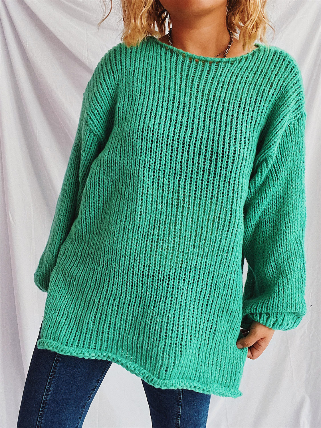 Women's White Boat Neck Dropped Shoulder Loose Knit Sweater - Image 15