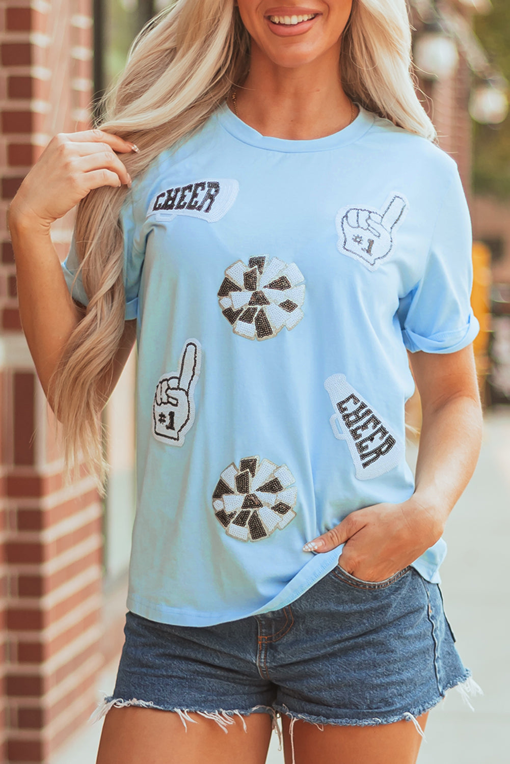 Light Blue Sequin Patched Cheer Game Day T-Shirt