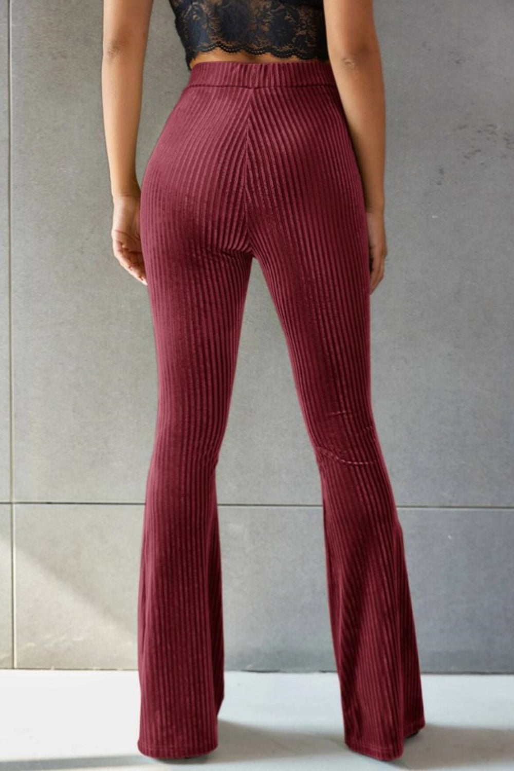 Ribbed High Waist Flare Pants in Grey Velvet
