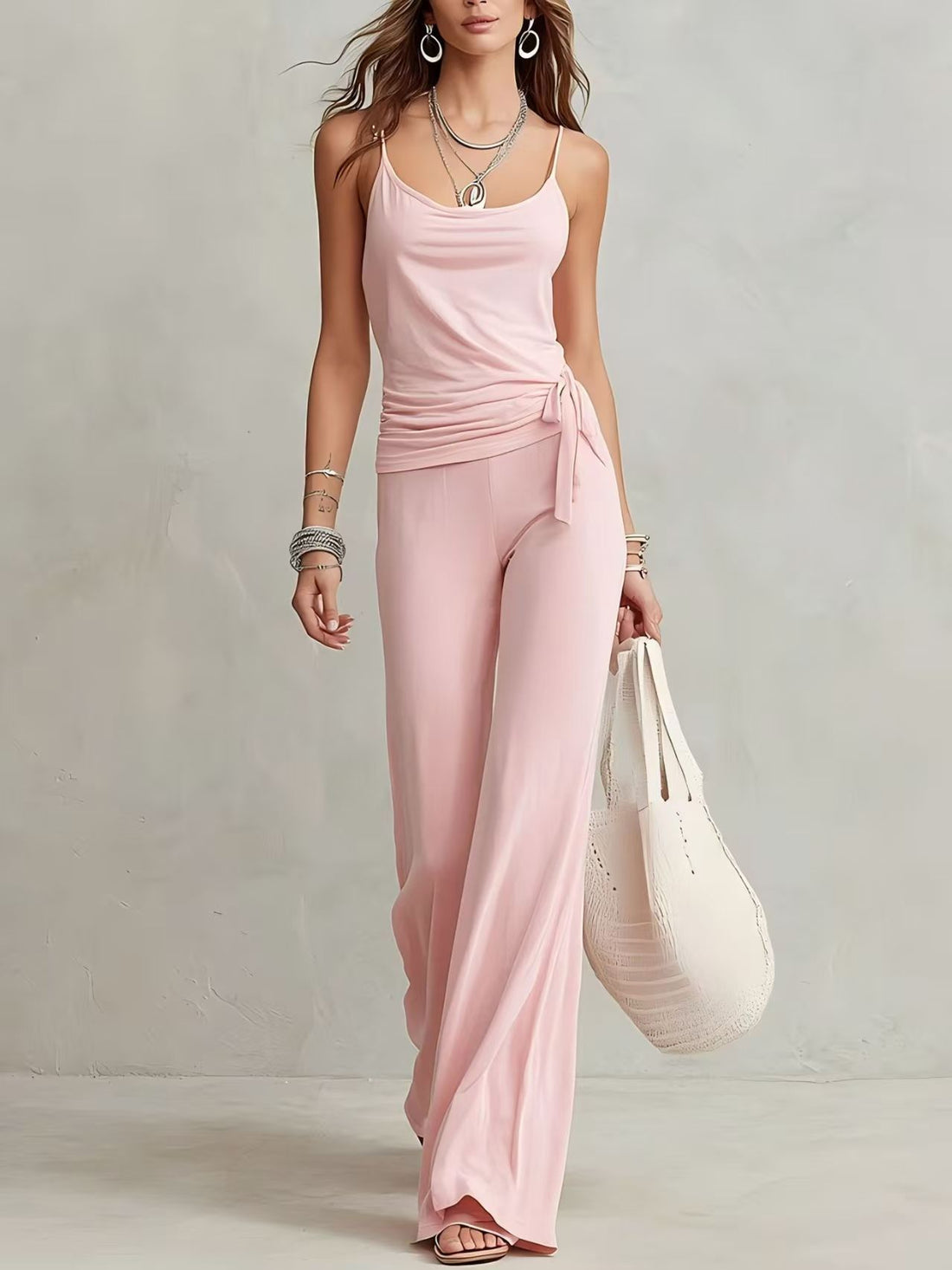 Women's Solid Color Sleeveless Top and Wide Leg Pants Set - Image 8