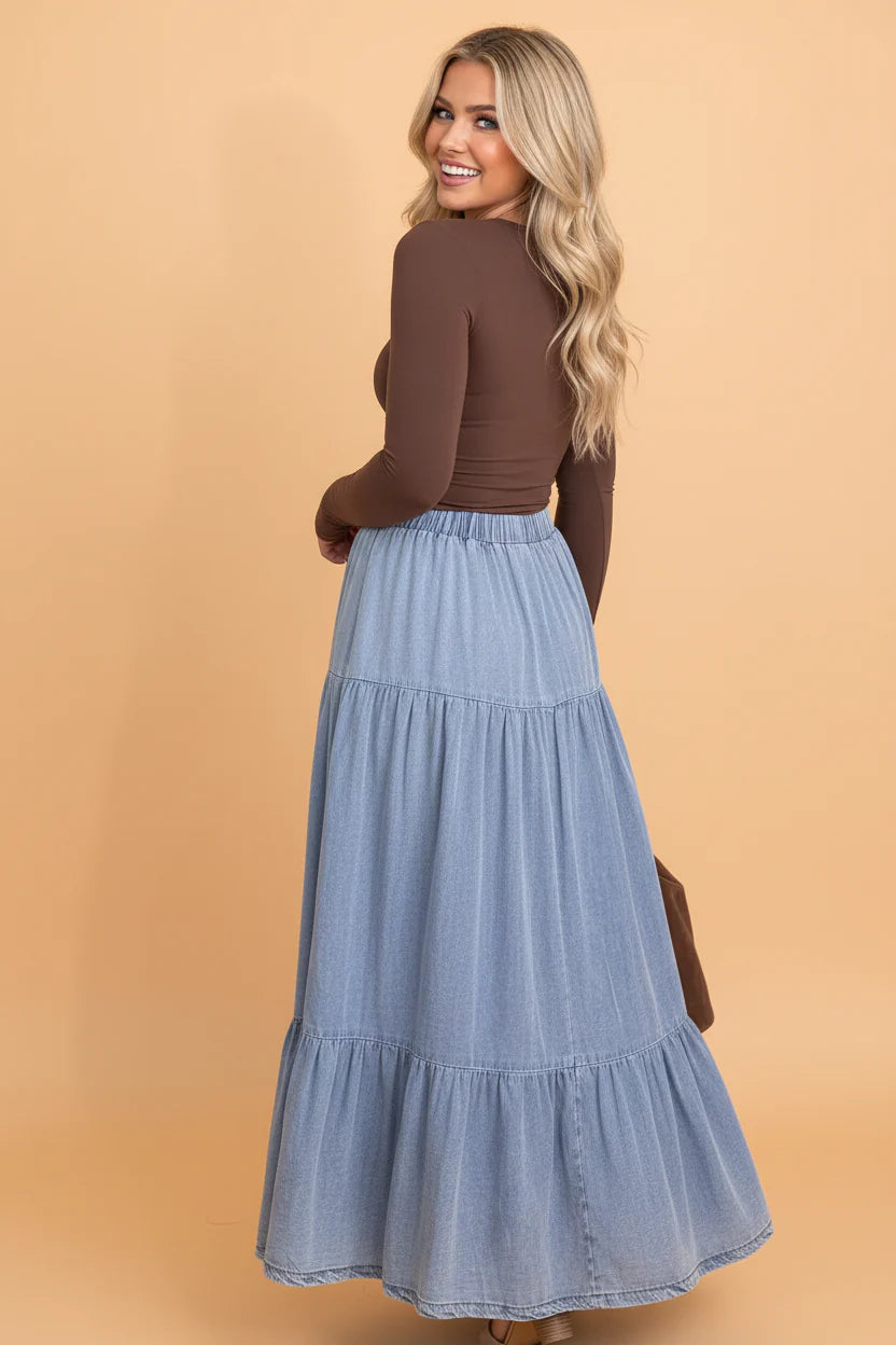 Lightweight Denim Ruffle Tiered Maxi Skirt in Light Blue - Image 2