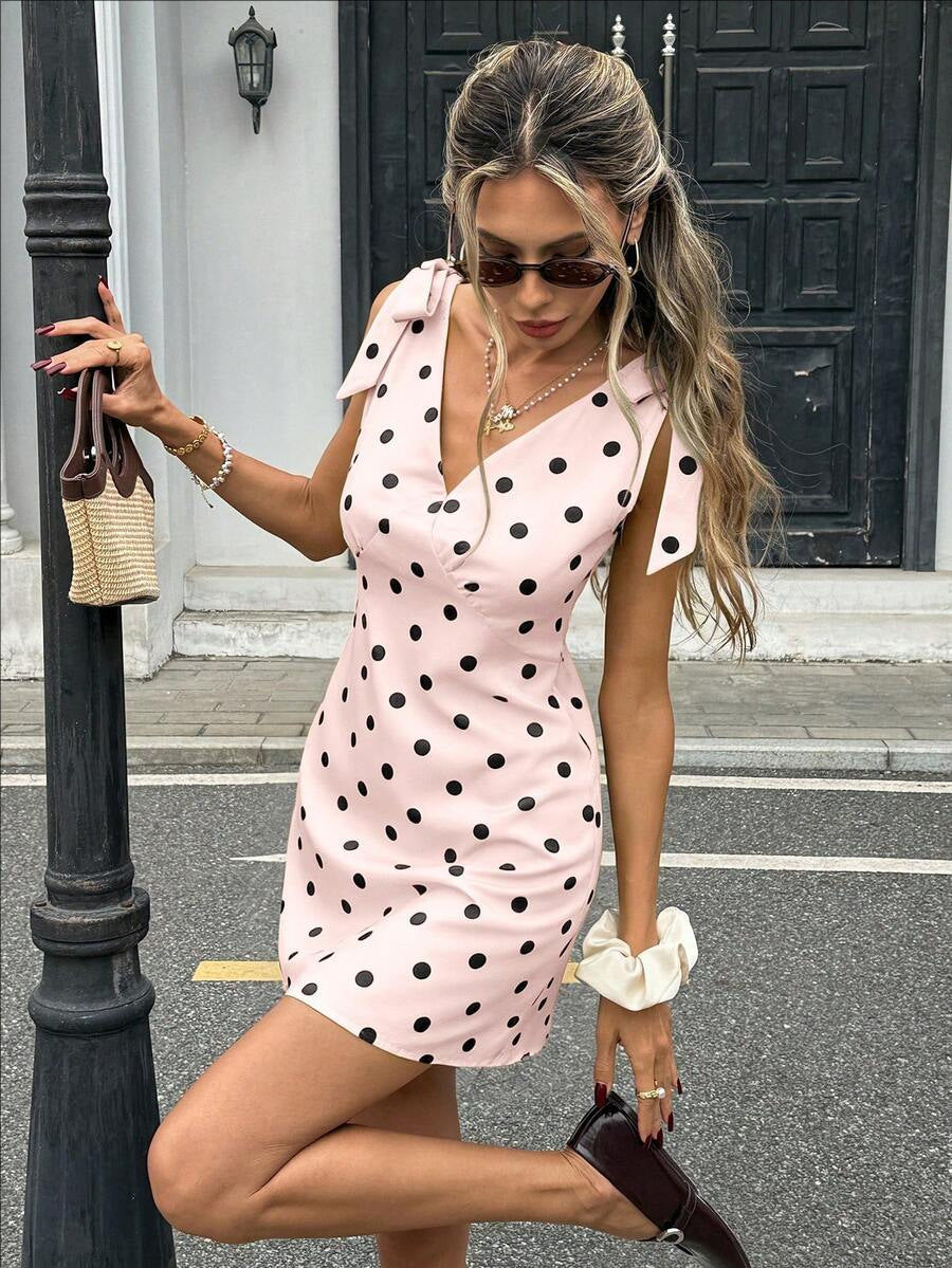 Sleeveless V-Neck Mini Dress with Lace-Up Bow Detail