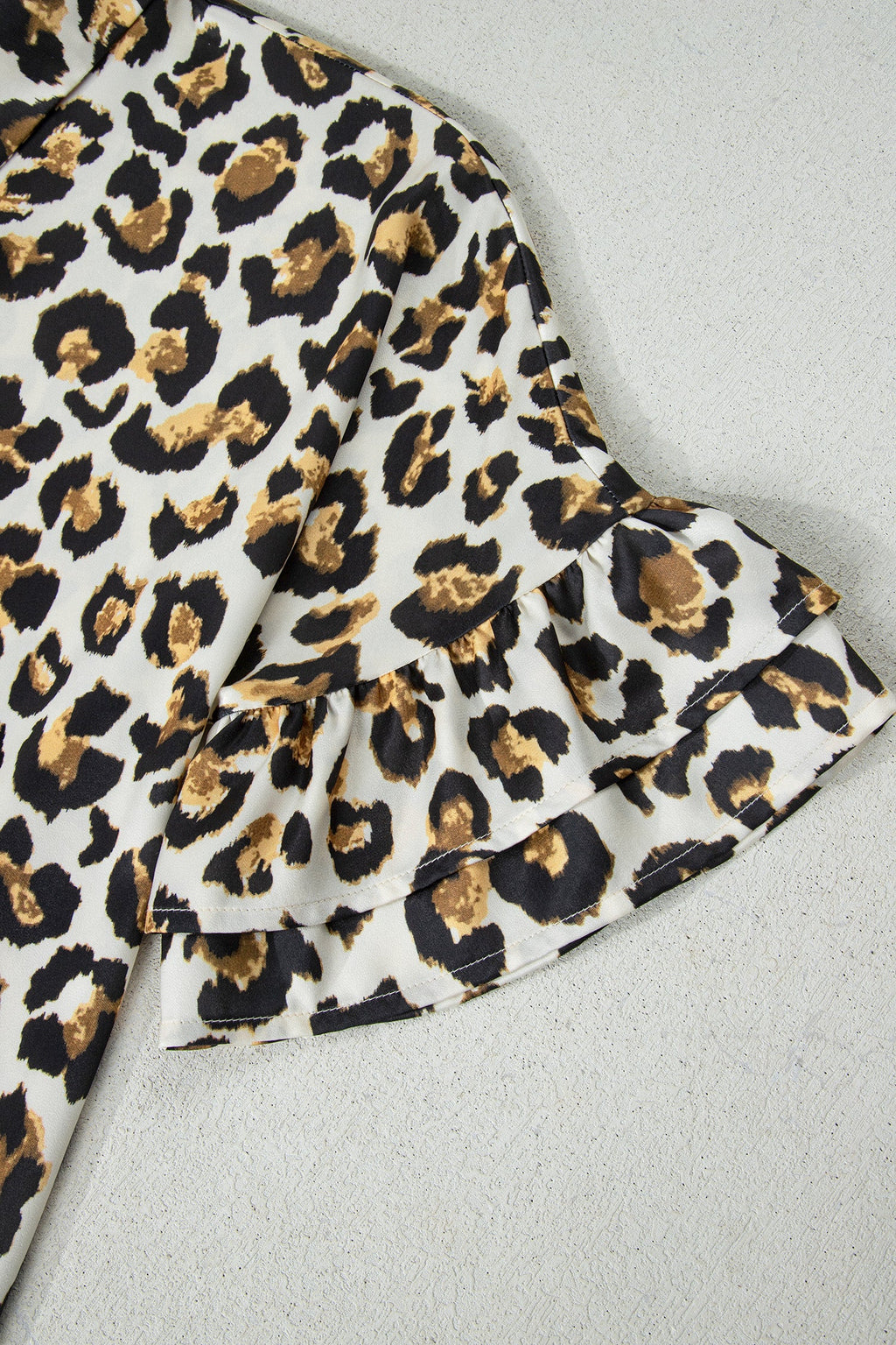 Leopard Ruffle Trim 3/4 Sleeve Loose Shirt