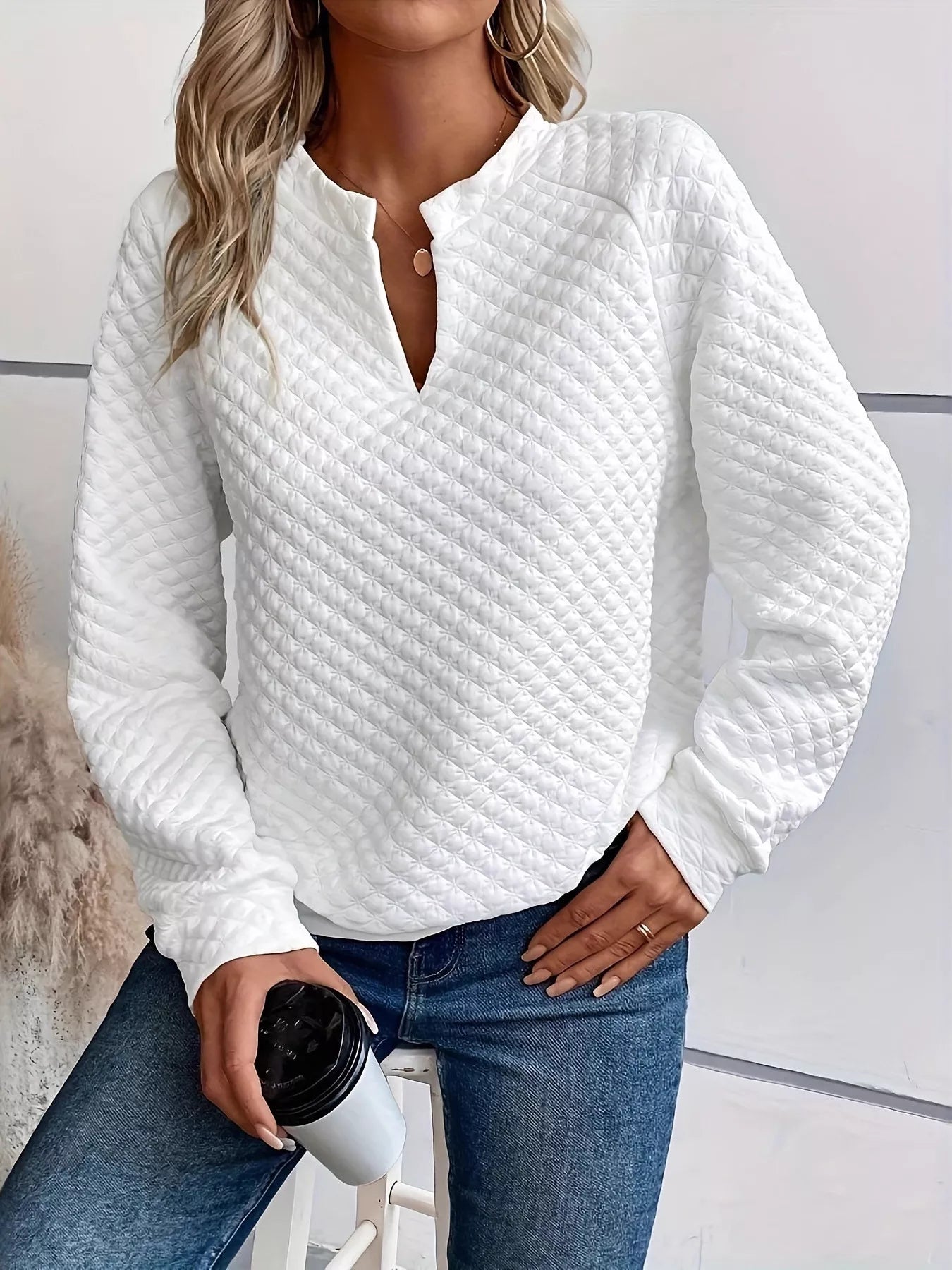 White Quilted Notched Neck Long Sleeve Sweatshirt - Image 2