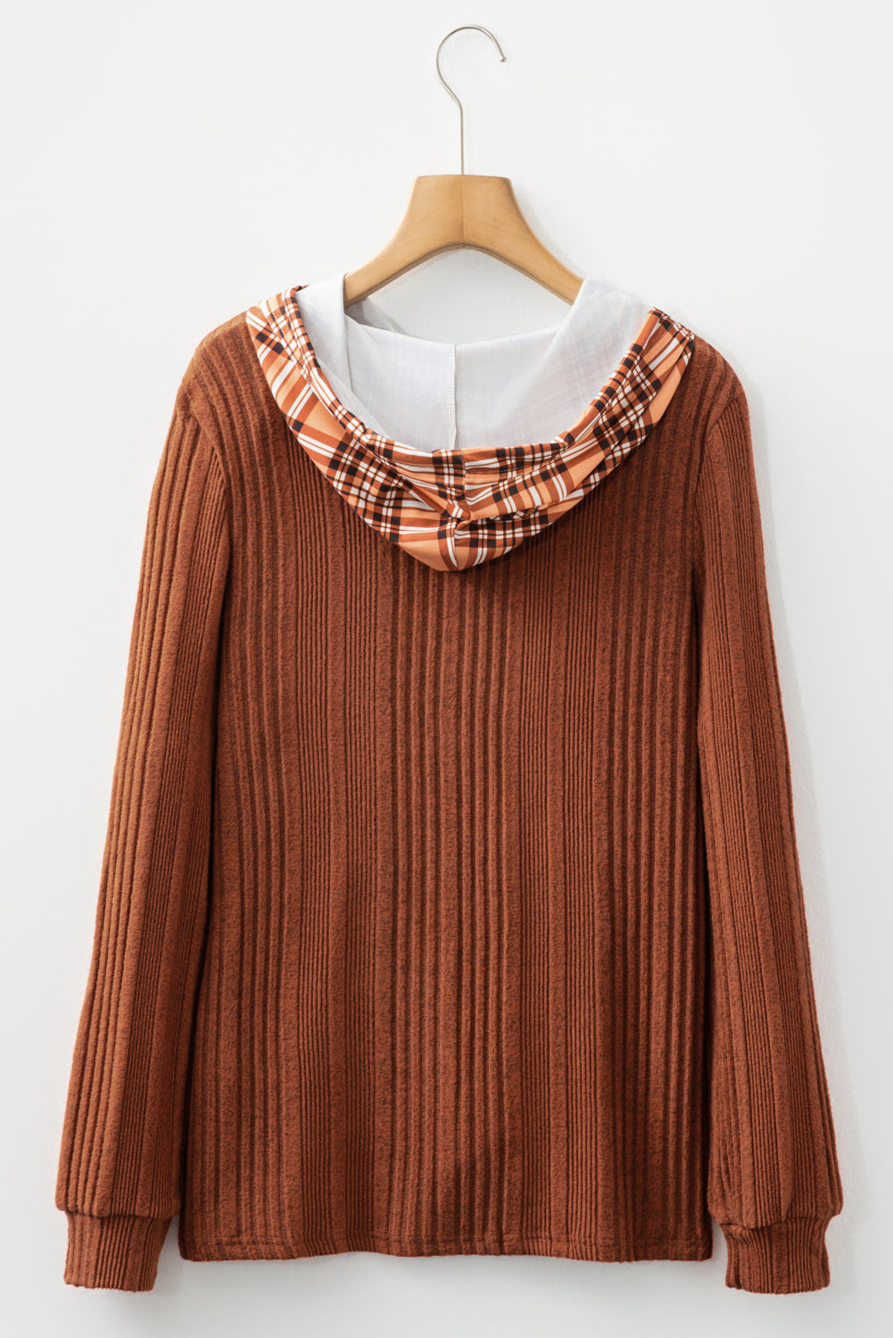 Plaid Patchwork Ribbed Knit Drawstring Hooded Top
