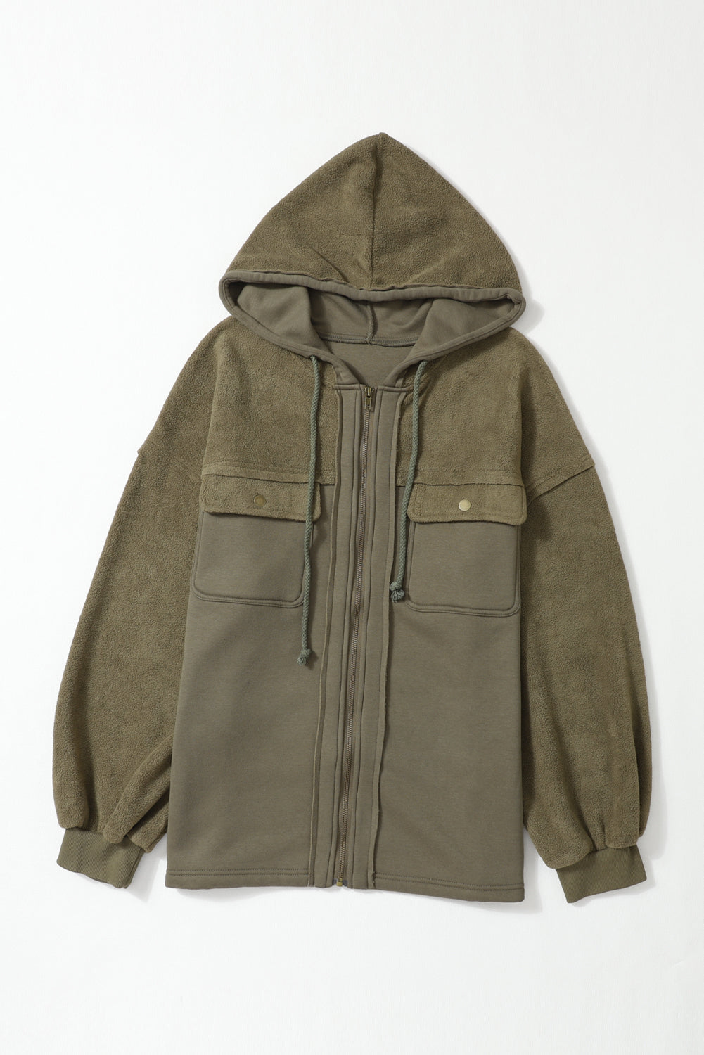 Green Bishop Sleeve Zip Up Hoodie Jacket with Flap Pockets