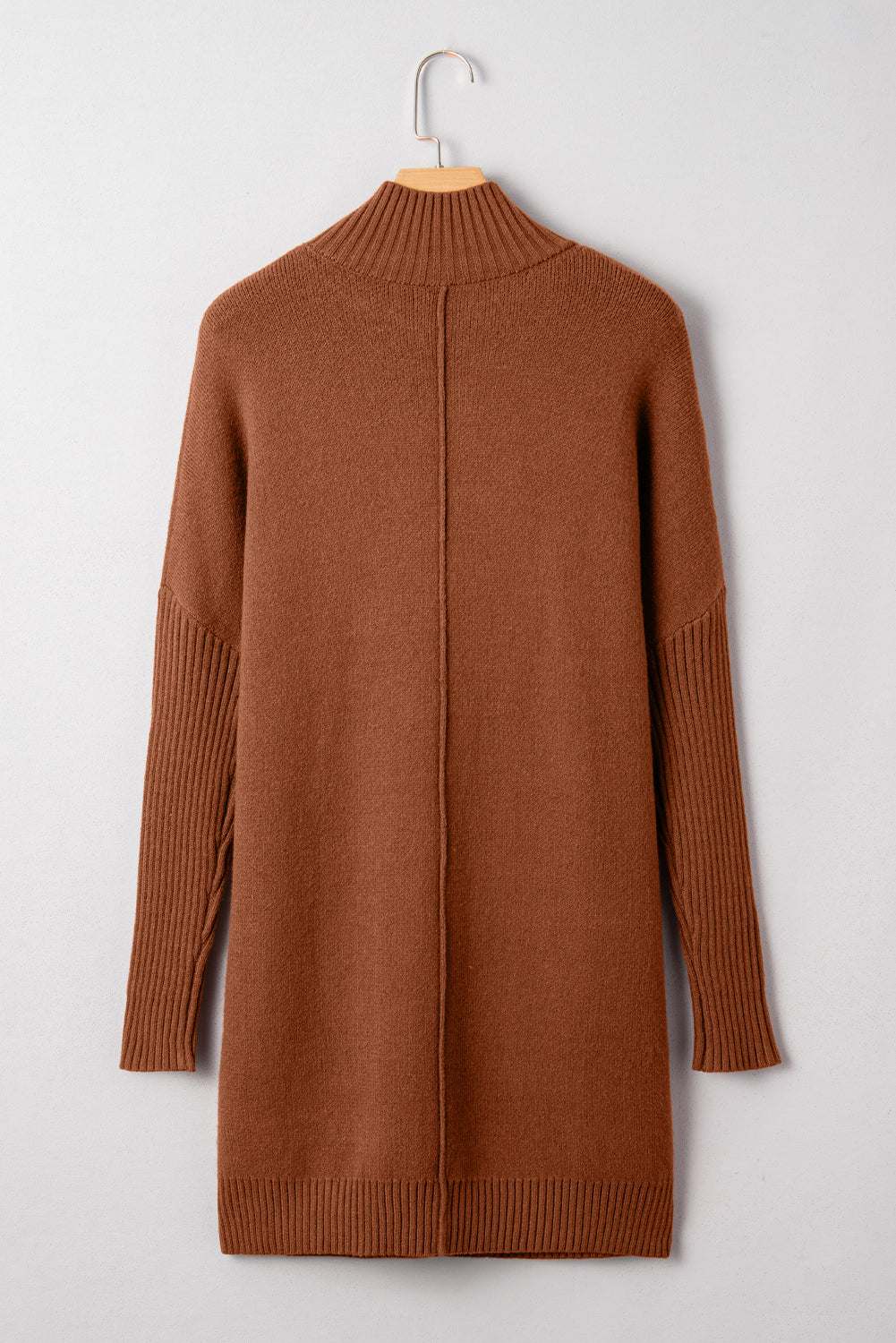 Women's Ribbed Mock Neck Sweater Dress in Brown and Red