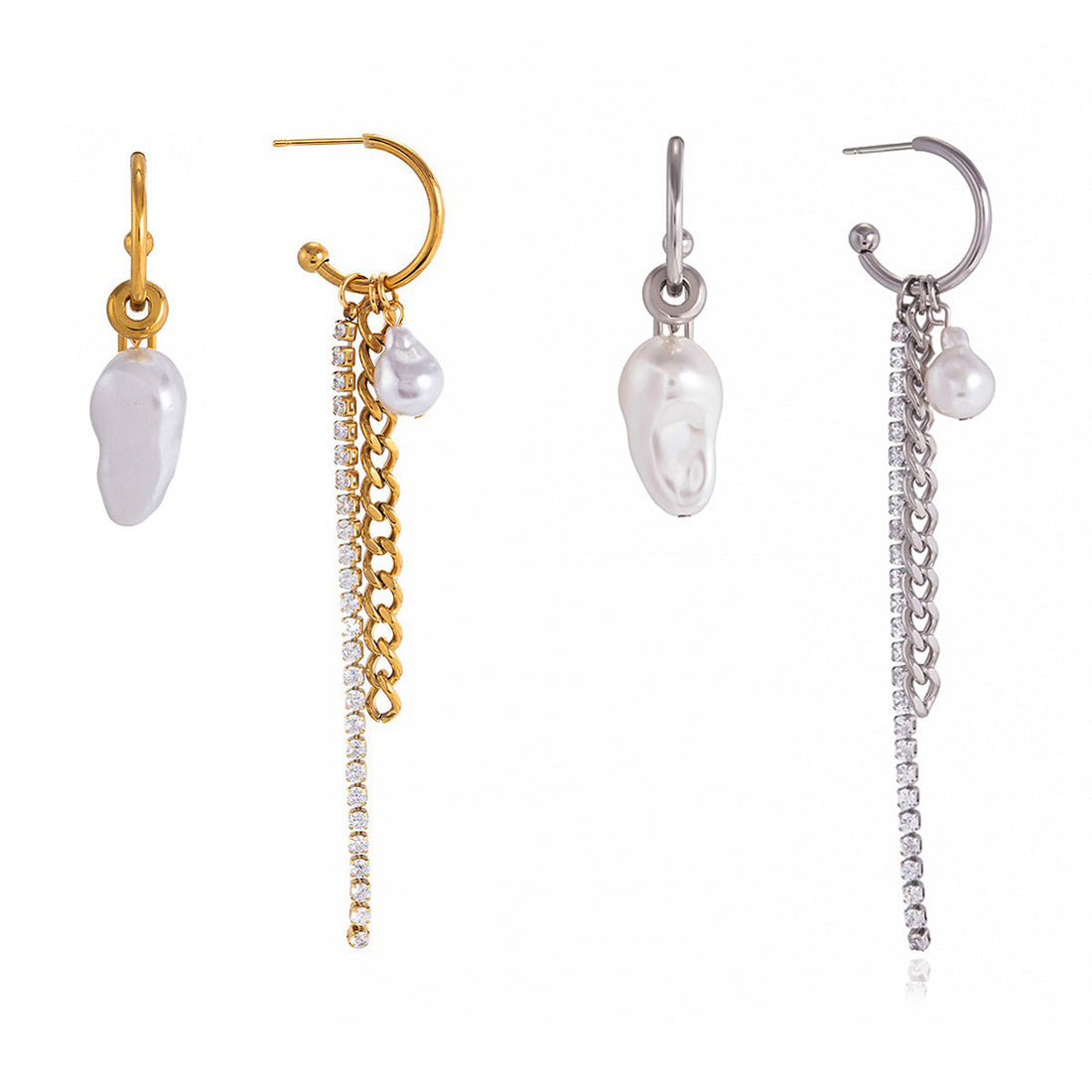 Close-up of elegant gold-tone stainless steel earrings featuring cascading white faux pearl tassels.