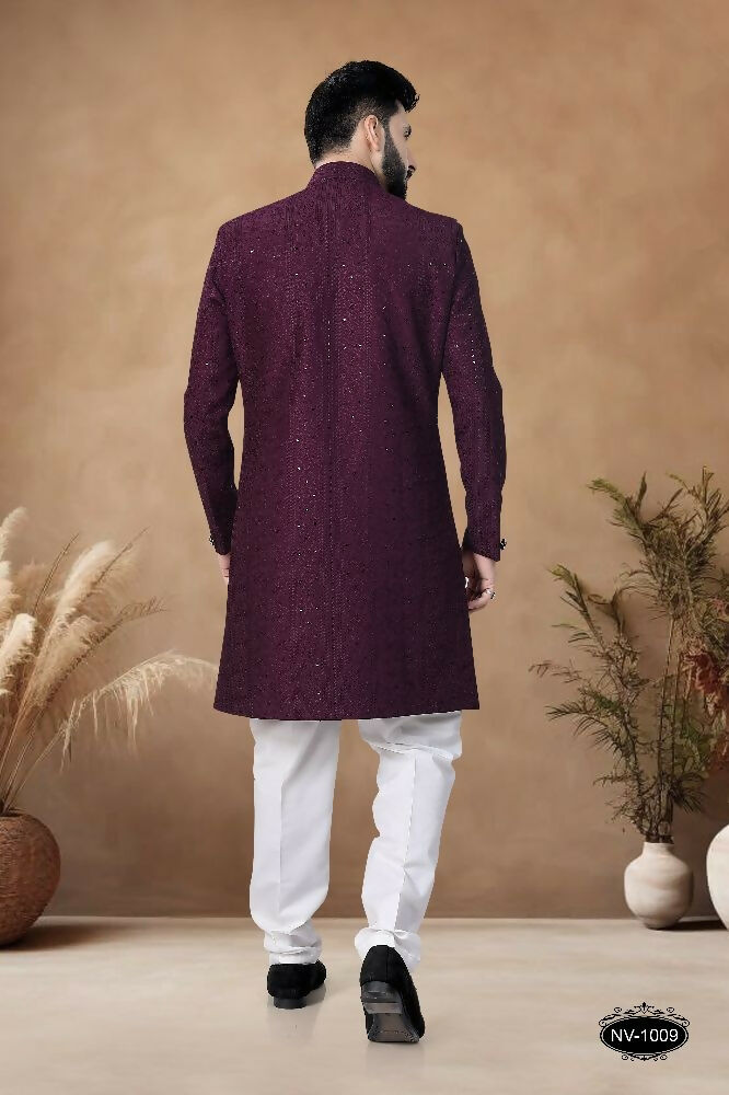 Men's Wine Silk Indo-Western Kurta Set with Embroidery