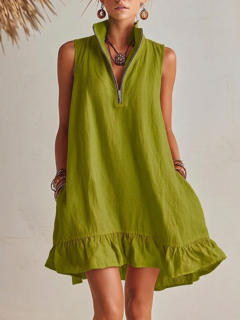 Women's Casual Sleeveless Half-Zip Mini Dress with Ruffle Hem - Image 6