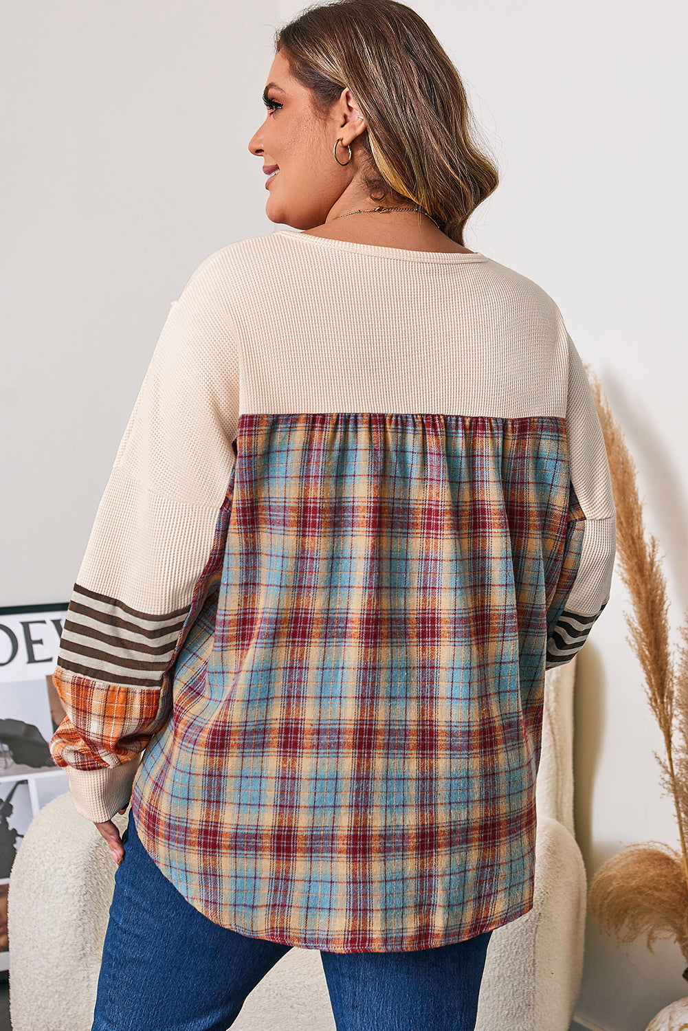 Plus Size Stripe Plaid Patchwork Waffle Top