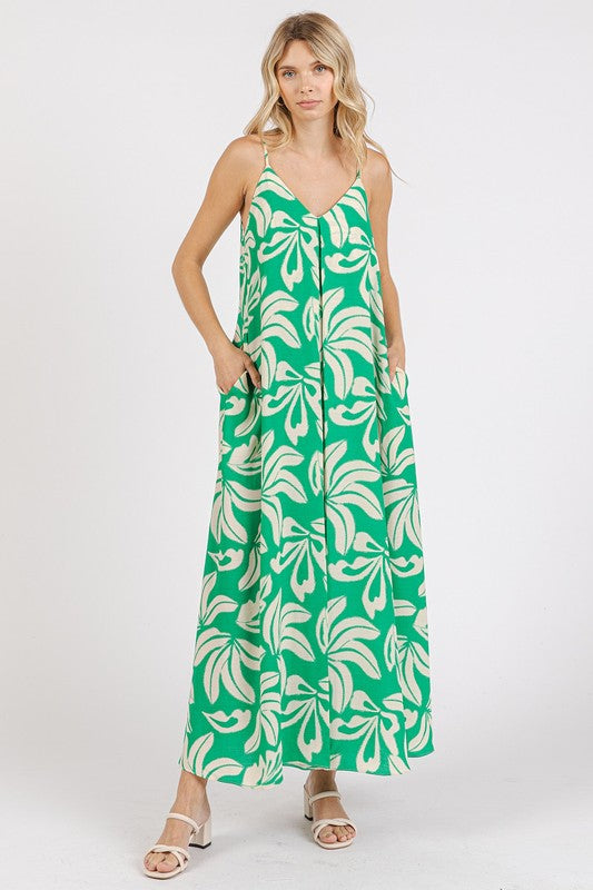 Printed V-Neck Maxi Cami Dress with Pockets & Ruched Detail