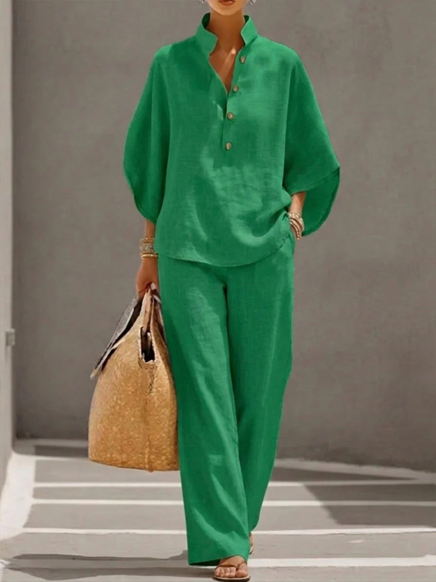 Women's Casual Linen-Look Shirt and Full-Length Pants Set - Image 7