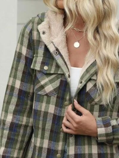Plush Plaid Snap Down Hooded Jacket Cozy Warm Casual Outerwear