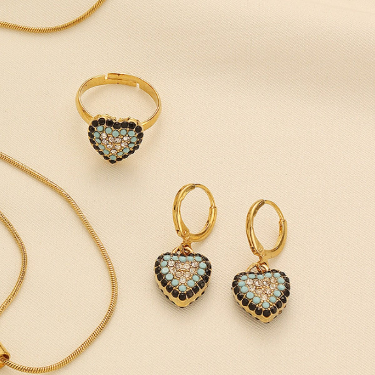 Crystal Heart Evil Eye Jewelry Set in Gold-Tone