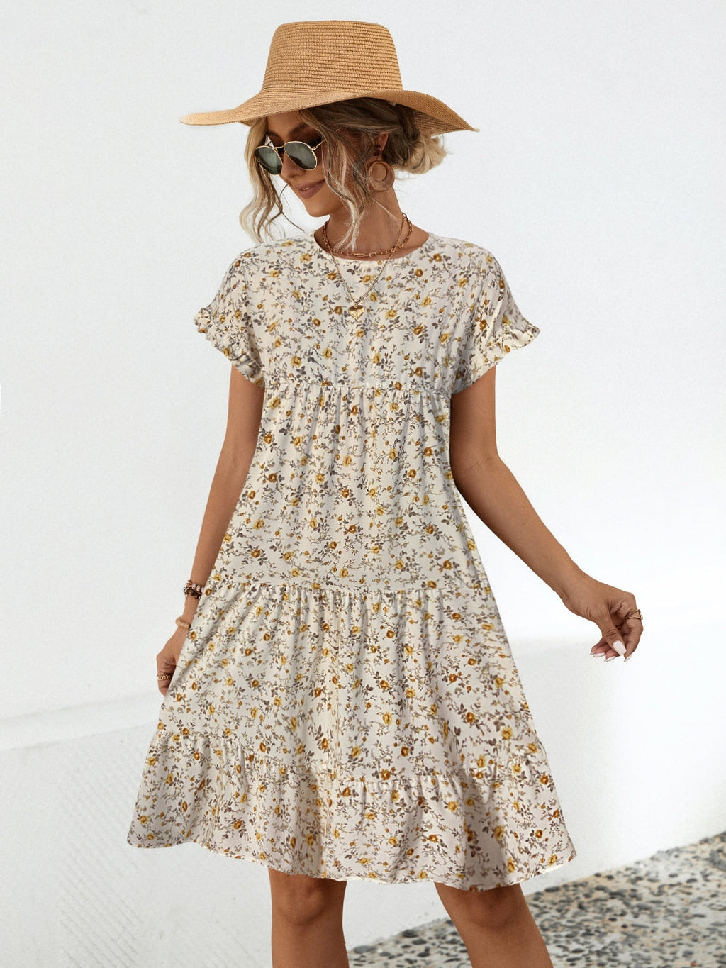 Floral Tiered Short Sleeve Dress