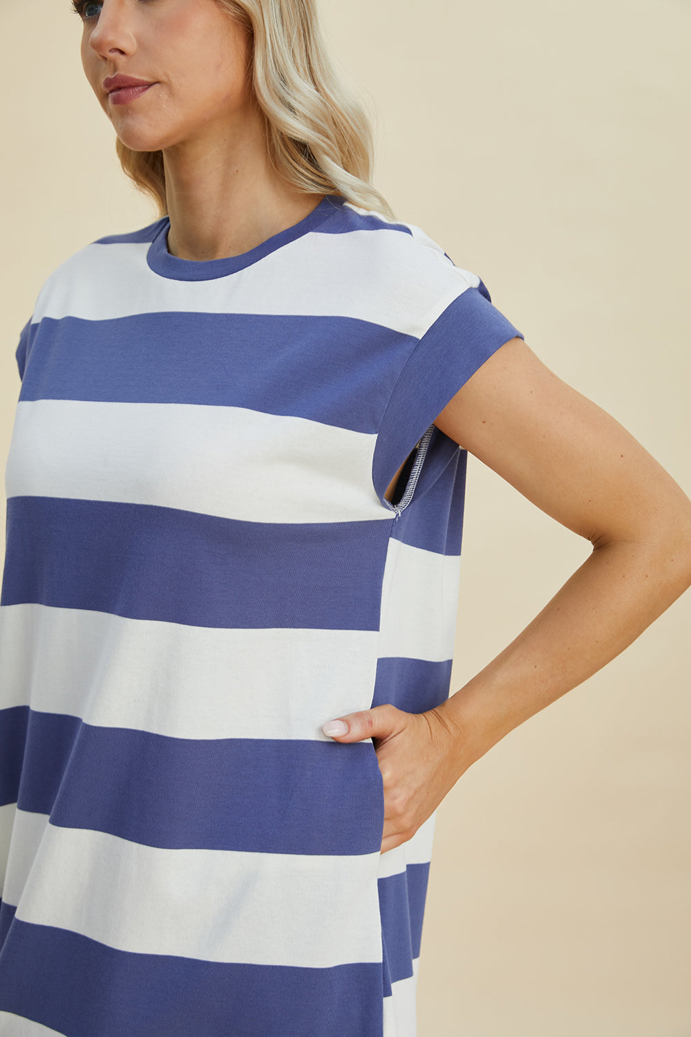 Striped Cotton Round Neck Cap Sleeve Mini Dress