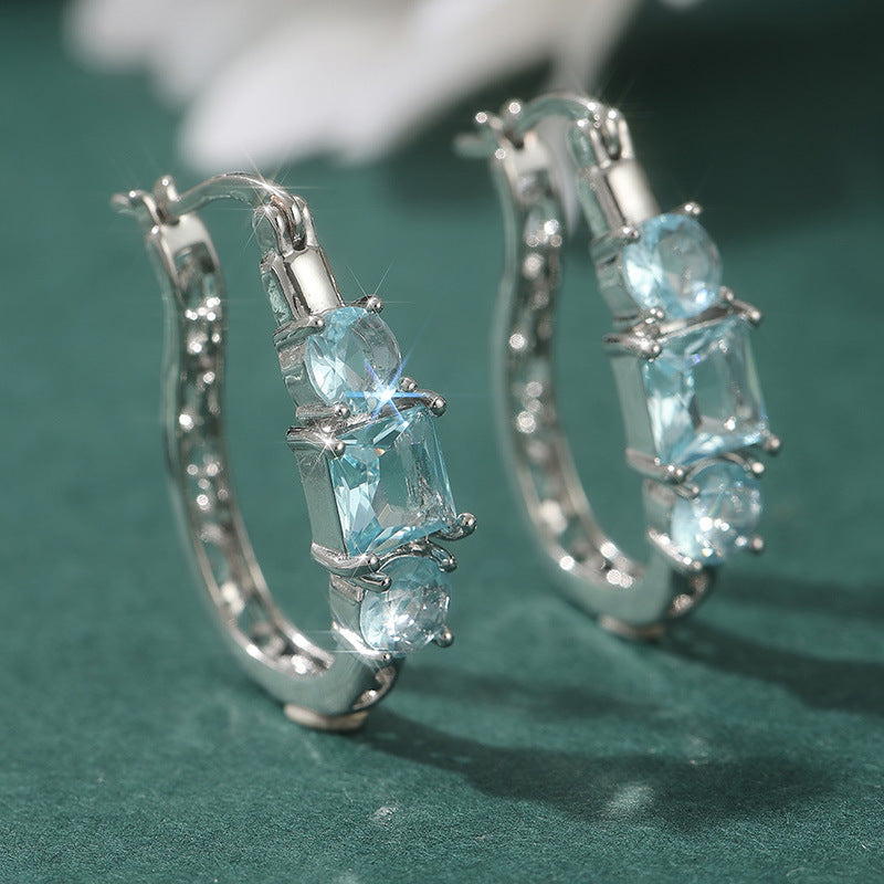 Elegant Blue Square Crystal Hoop Earrings Silver Tone Brass Women Wedding Party Fashion Jewelry Gift