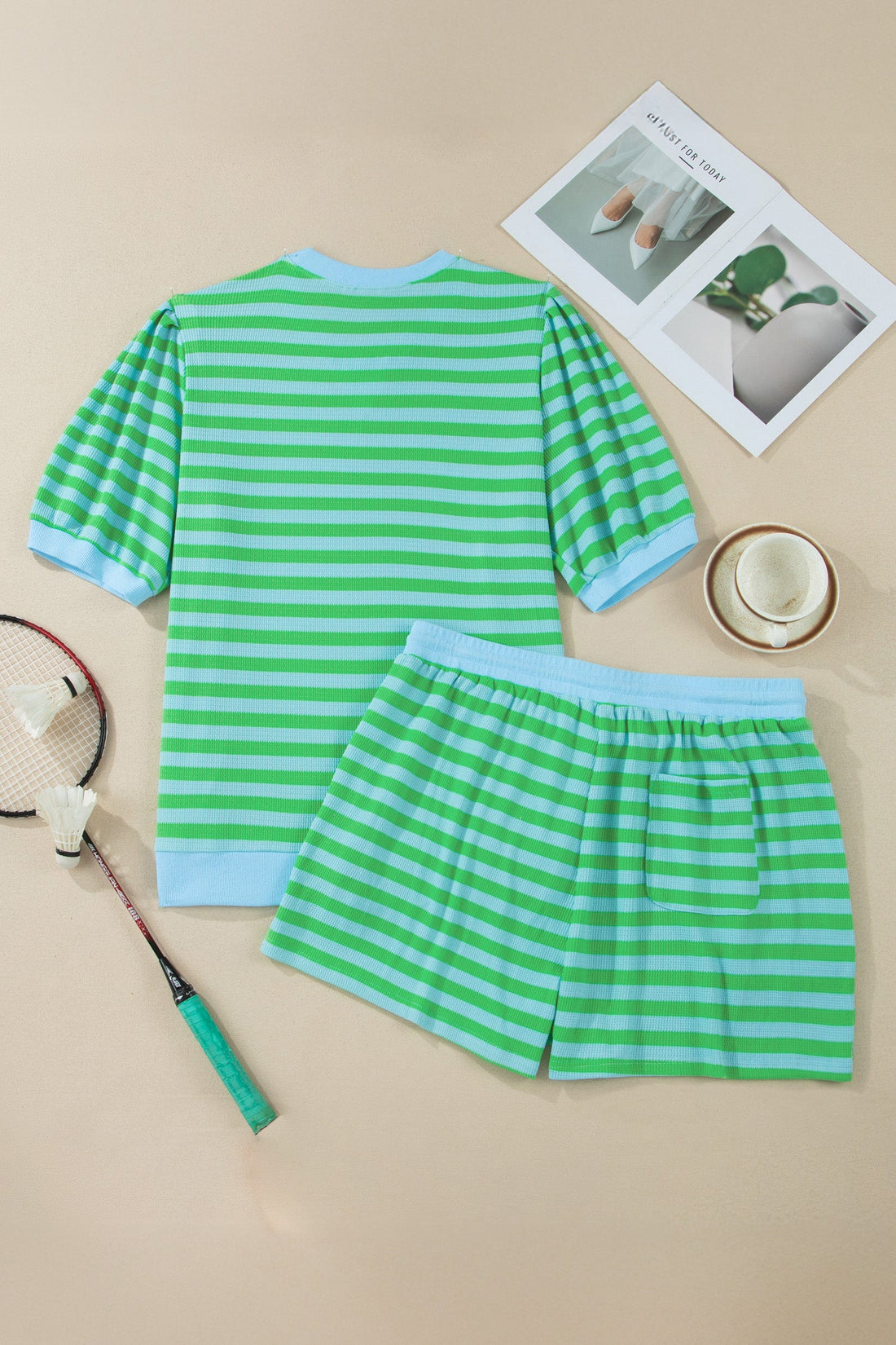 Green and Blue Striped Short Sleeve Top and Shorts Set - Image 3