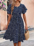Dark Blue Floral Printed Short Sleeve Midi Dress - Street Style