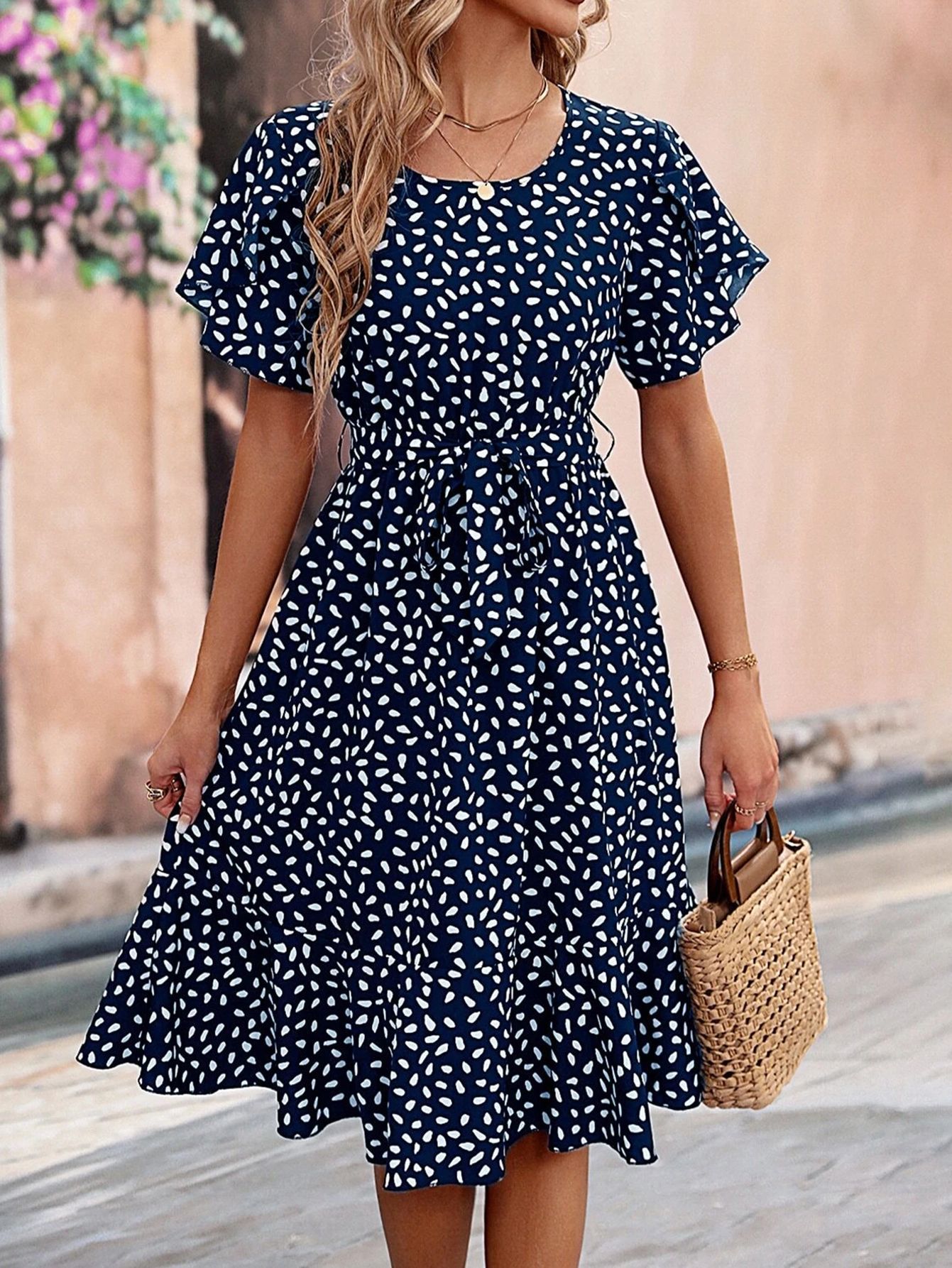 Dark Blue Floral Printed Short Sleeve Midi Dress - Street Style