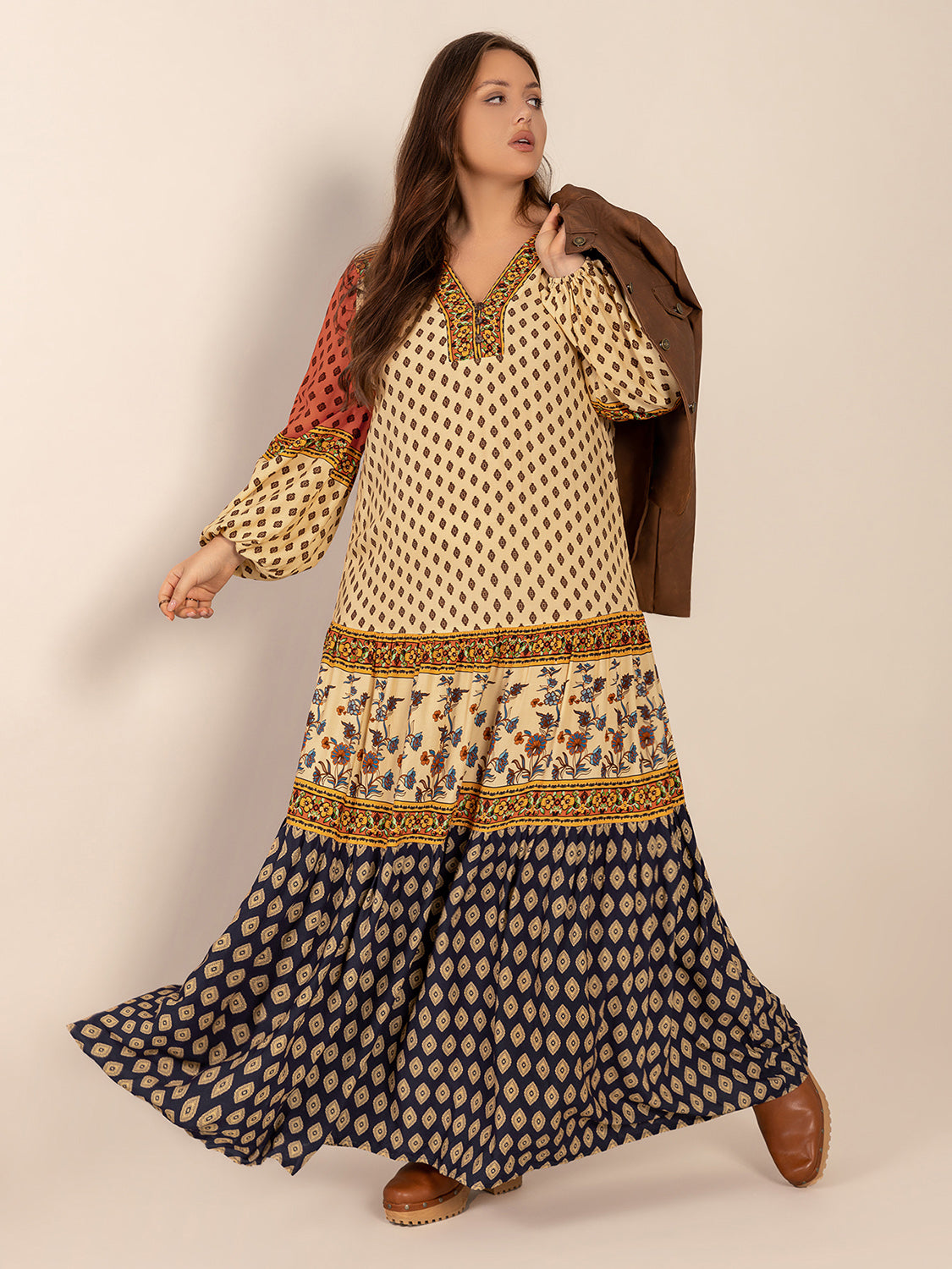 Printed V-Neck Long Sleeve Maxi Dress | Bohemian A-Line