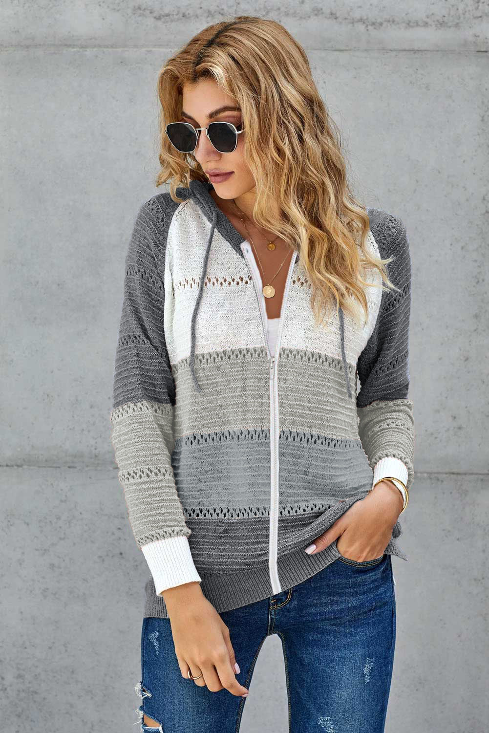 Multicolor Zipped Front Colorblock Hollow-out Knit Hoodie