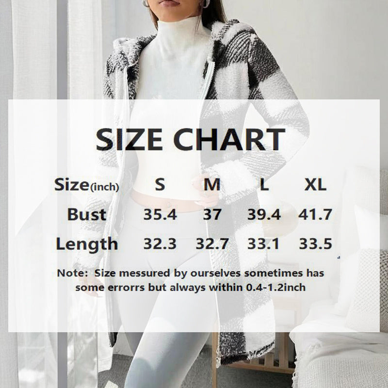 Women's Black and White Plaid Hooded Sherpa-Lined Long Coat - Image 3