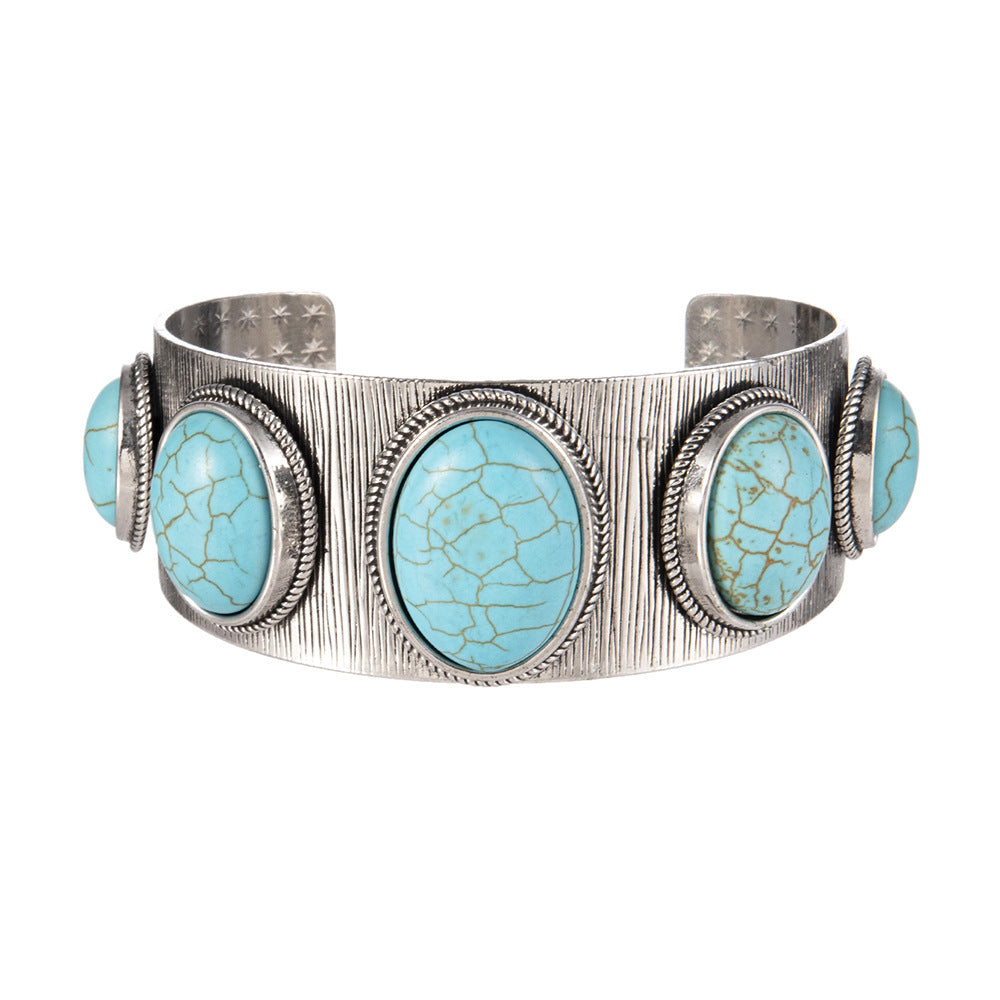 Ethnic-style Oval Turquoise Open Bracelet